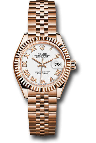 Rolex Everose Gold Lady-Datejust 28 Watch - Fluted Bezel - White Roman Dial - Jubilee Bracelet - 279175 wrj