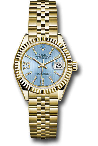 Rolex Yellow Gold Lady-Datejust 28 Watch - Fluted Bezel - Cornflower Blue Stripe Diamond Index Dial - Jubilee Bracelet -