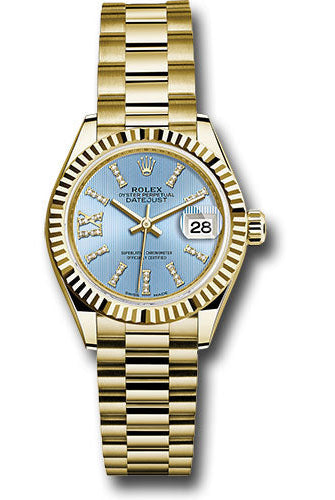 Rolex Yellow Gold Lady-Datejust 28 Watch - Fluted Bezel - Cornflower Blue Stripe Diamond Index Dial - President Bracelet -