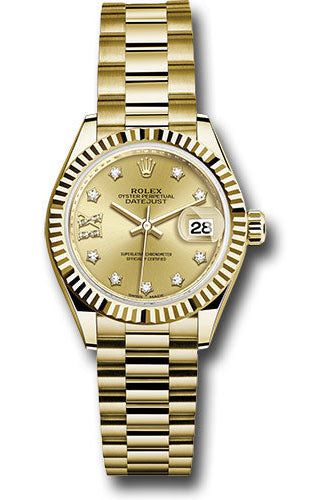 Rolex Yellow Gold Lady-Datejust 28 Watch - Fluted Bezel - Champagne Diamond Star Dial - President Bracelet - 279178 ch9dix8dp