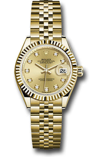 Rolex Yellow Gold Lady-Datejust 28 Watch - Fluted Bezel - Champagne Diamond Dial - Jubilee Bracelet - 279178 chdj