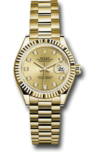 Rolex Yellow Gold Lady-Datejust 28 Watch - Fluted Bezel - Champagne Diamond Dial - President Bracelet - 279178 chdp