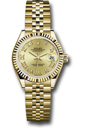 Rolex Yellow Gold Lady-Datejust 28 Watch - Fluted Bezel - Champagne Roman Dial - Jubilee Bracelet - 279178 chrj