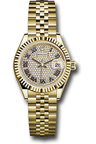 Rolex Yellow Gold Lady-Datejust 28 Watch - Fluted Bezel - Diamond Paved Roman Dial - Jubilee Bracelet - 279178 dprj