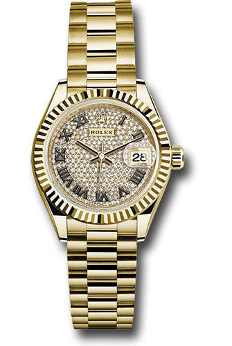 Rolex Yellow Gold Lady-Datejust 28 Watch - Fluted Bezel - Diamond Paved Roman Dial - President Bracelet - 279178 dprp