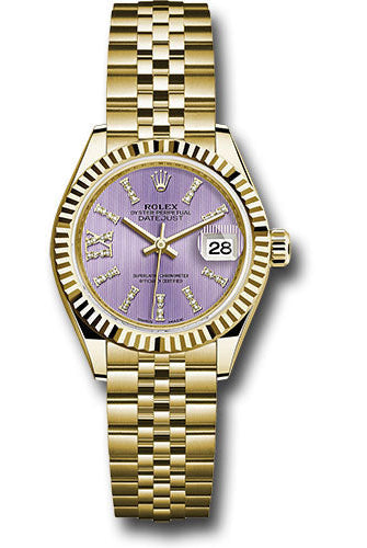 Rolex Yellow Gold Lady-Datejust 28 Watch - Fluted Bezel - Lilac Stripe Diamond Index Dial - Jubilee Bracelet - 279178