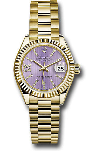 Rolex Yellow Gold Lady-Datejust 28 Watch - Fluted Bezel - Lilac Stripe Diamond Index Dial - President Bracelet - 279178
