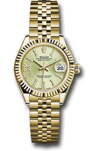 Rolex Yellow Gold Lady-Datejust 28 Watch - Fluted Bezel - Linden Green Strip Diamond Index Dial - Jubilee Bracelet - 279178
