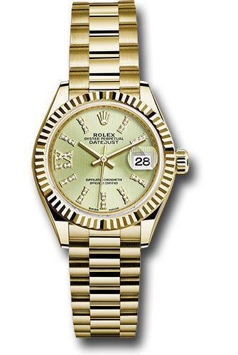 Rolex Yellow Gold Lady-Datejust 28 Watch - Fluted Bezel - Linden Green Strip Diamond Index Dial - President Bracelet -