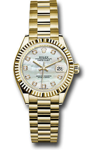 Rolex Yellow Gold Lady-Datejust 28 Watch - Fluted Bezel - Mother-of-Pearl Diamond Dial - President Bracelet - 279178 mdp