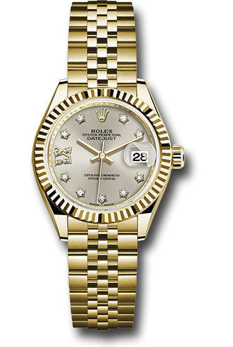 Rolex Yellow Gold Lady-Datejust 28 Watch - Fluted Bezel - Silver Diamond Star Dial - Jubilee Bracelet - 279178 s9dix8dj
