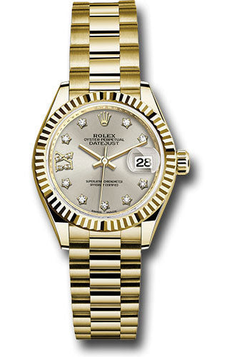Rolex Yellow Gold Lady-Datejust 28 Watch - Fluted Bezel - Silver Diamond Star Dial - President Bracelet - 279178 s9dix8dp