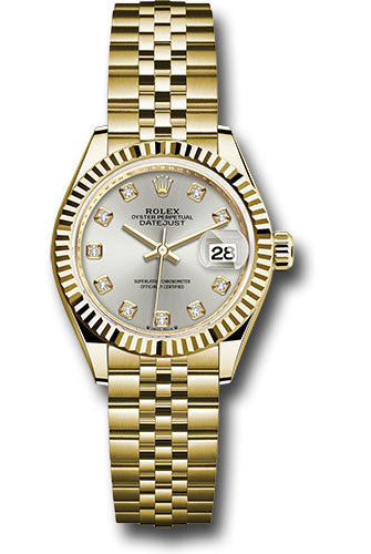Rolex Yellow Gold Lady-Datejust Watch - Fluted Bezel - Silver Diamond Dial - Jubilee Bracelet - 279178 sdj