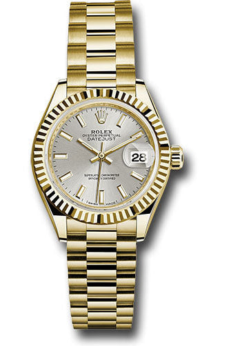 Rolex Yellow Gold Lady-Datejust 28 Watch - Fluted Bezel - Silver Index Dial - President Bracelet - 279178 sip