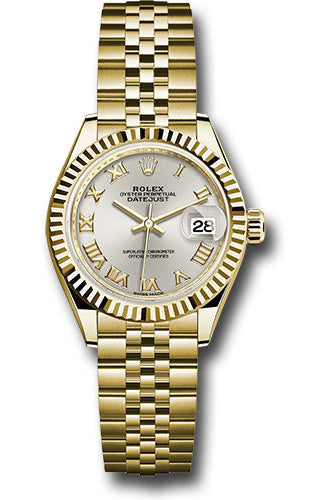 Rolex Yellow Gold Lady-Datejust 28 Watch - Fluted Bezel - Silver Roman Dial - Jubilee Bracelet - 279178 srj
