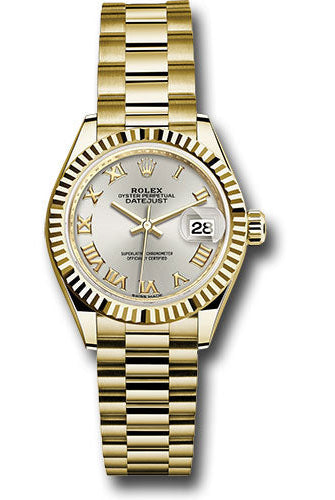 Rolex Yellow Gold Lady-Datejust 28 Watch - Fluted Bezel - Silver Roman Dial - President Bracelet - 279178 srp