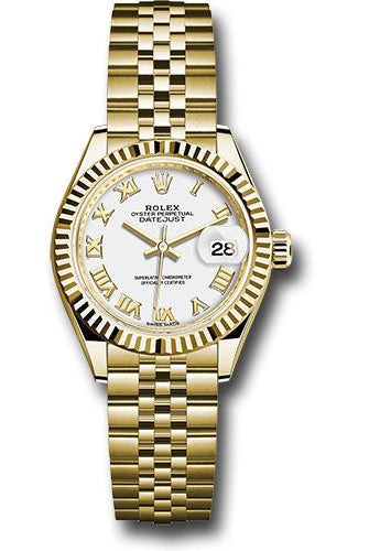 Rolex Yellow Gold Lady-Datejust 28 Watch - Fluted Bezel - White Roman Dial - Jubilee Bracelet - 279178 wrj
