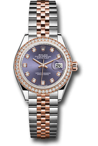 Rolex Steel and Everose Gold Rolesor Lady-Datejust 28 Watch - Diamond Bezel - Aubergine Diamond Dial - Jubilee Bracelet -