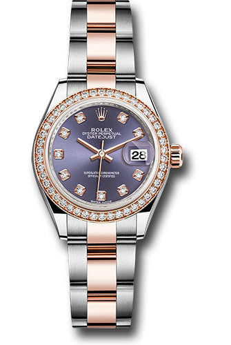 Rolex Steel and Everose Gold Rolesor Lady-Datejust 28 Watch - Diamond Bezel - Aubergine Diamond Dial - Oyster Bracelet -