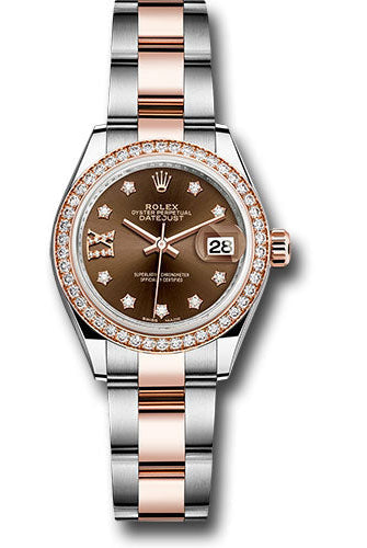 Rolex Steel and Everose Gold Rolesor Lady-Datejust 28 Watch - Diamond Bezel - Chocolate Diamond Star Dial - Oyster Bracelet