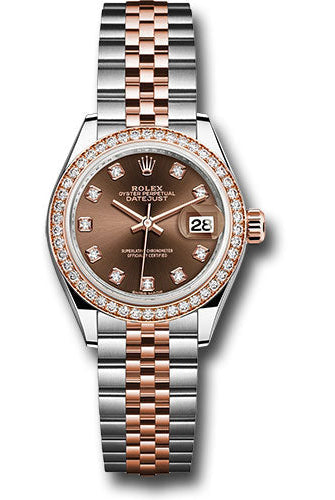 Rolex Steel and Everose Gold Rolesor Lady-Datejust 28 Watch - Diamond Bezel - Chocolate Diamond Dial - Jubilee Bracelet -