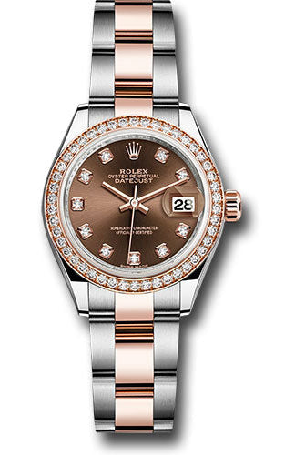 Rolex Steel and Everose Gold Rolesor Lady-Datejust 28 Watch - Diamond Bezel - Chocolate Diamond Dial - Oyster Bracelet -