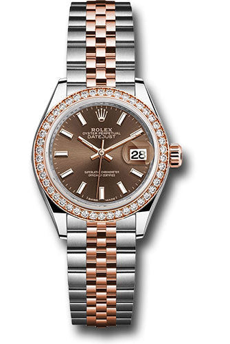 Rolex Steel and Everose Gold Rolesor Lady-Datejust 28 Watch - Diamond Bezel - Chocolate Index Dial - Jubilee Bracelet -