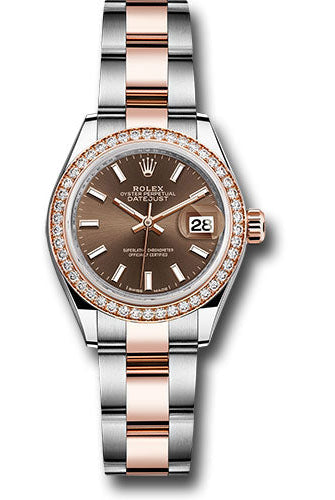 Rolex Steel and Everose Gold Rolesor Lady-Datejust 28 Watch - Diamond Bezel - Chocolate Index Dial - Oyster Bracelet -