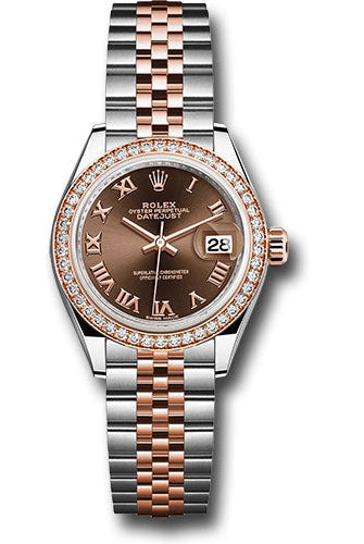 Rolex Steel and Everose Gold Rolesor Lady-Datejust 28 Watch - Diamond Bezel - Chocolate Roman Dial - Jubilee Bracelet -