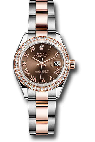 Rolex Steel and Everose Gold Rolesor Lady-Datejust 28 Watch - Diamond Bezel - Chocolate Roman Dial - Oyster Bracelet -