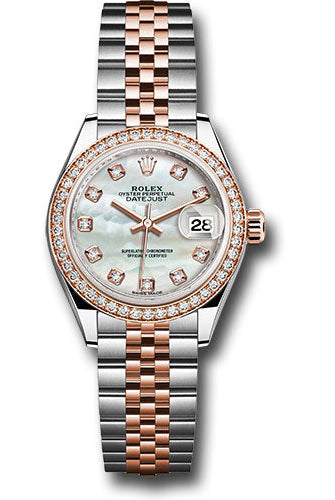 Rolex Steel and Everose Gold Rolesor Lady-Datejust 28 Watch - Diamond Bezel - White Mother-Of-Pearl Diamond Dial - Jubilee