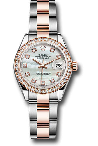 Rolex Steel and Everose Gold Rolesor Lady-Datejust 28 Watch - Diamond Bezel - White Mother-Of-Pearl Diamond Dial - Oyster