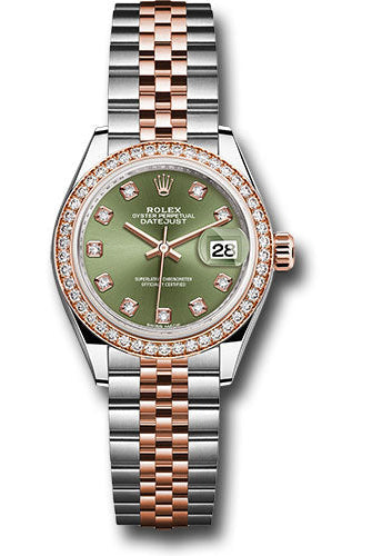 Rolex Steel and Everose Gold Rolesor Lady-Datejust 28 Watch - Diamond Bezel - Olive Green Diamond Dial - Jubilee Bracelet -