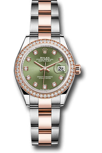Rolex Steel and Everose Gold Rolesor Lady-Datejust 28 Watch - Diamond Bezel - Olive Green Diamond Dial - Oyster Bracelet -