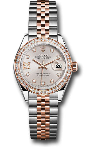 Rolex Steel and Everose Gold Rolesor Lady-Datejust 28 Watch - Diamond Bezel - Sundust Diamond Star Dial - Jubilee Bracelet -