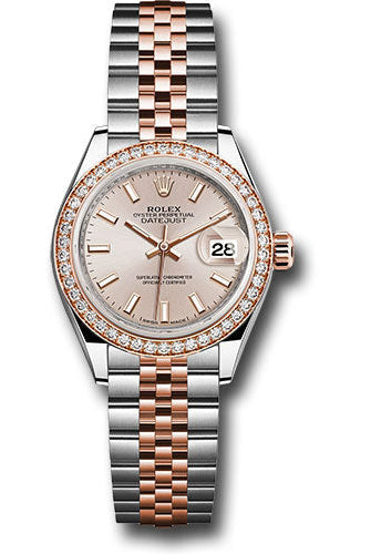 Rolex Steel and Everose Gold Rolesor Lady-Datejust 28 Watch - Diamond Bezel - Sundust Index Dial - Jubilee Bracelet -