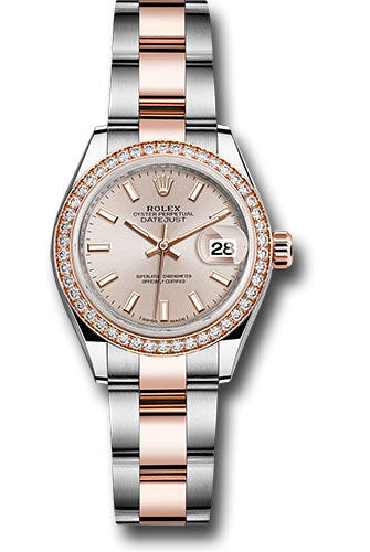 Rolex Steel and Everose Gold Rolesor Lady-Datejust 28 Watch - Diamond Bezel - Sundust Index Dial - Oyster Bracelet -