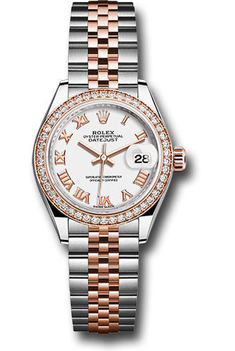 Rolex Steel and Everose Gold Rolesor Lady-Datejust 28 Watch - Diamond Bezel - White Roman Dial - Jubilee Bracelet -