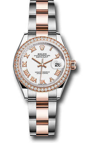 Rolex Steel and Everose Gold Rolesor Lady-Datejust 28 Watch - Diamond Bezel - White Roman Dial - Oyster Bracelet - 279381RBR