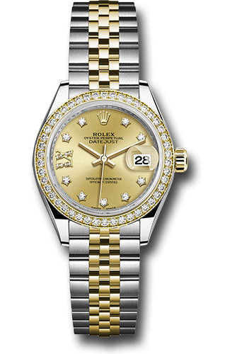 Rolex Steel and Yellow Gold Rolesor Lady-Datejust 28 Watch - Diamond Bezel - Champagne Diamond Star Dial - Jubilee Bracelet