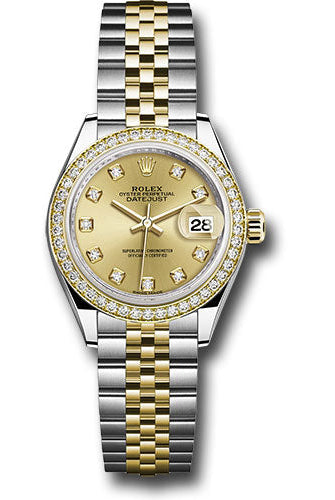 Rolex Steel and Yellow Gold Rolesor Lady-Datejust 28 Watch - Diamond Bezel - Champagne Diamond Dial - Jubilee Bracelet -