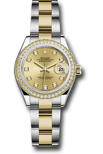 Rolex Steel and Yellow Gold Rolesor Lady-Datejust 28 Watch - Diamond Bezel - Champagne Diamond Dial - Oyster Bracelet -