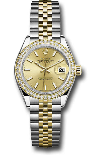 Rolex Steel and Yellow Gold Rolesor Lady-Datejust 28 Watch - Diamond Bezel - Champagne Index Dial - Jubilee Bracelet -