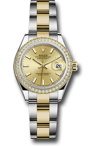 Rolex Steel and Yellow Gold Rolesor Lady-Datejust 28 Watch - Diamond Bezel - Champagne Index Dial - Oyster Bracelet -