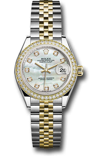 Rolex Steel and Yellow Gold Rolesor Lady-Datejust 28 Watch - Diamond Bezel - White Mother-Of-Pearl Diamond Dial - Jubilee
