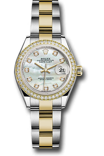 Rolex Steel and Yellow Gold Rolesor Lady-Datejust 28 Watch - Diamond Bezel - White Mother-Of-Pearl Diamond Dial - Oyster