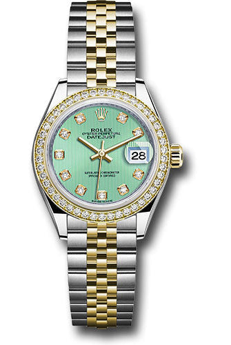 Rolex Steel and Yellow Gold Rolesor Lady-Datejust 28 Watch - Diamond Bezel - Mint Green Diamond Dial - Jubilee Bracelet -
