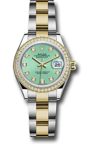 Rolex Steel and Yellow Gold Rolesor Lady-Datejust 28 Watch - Diamond Bezel - Mint Green Diamond Dial - Oyster Bracelet -