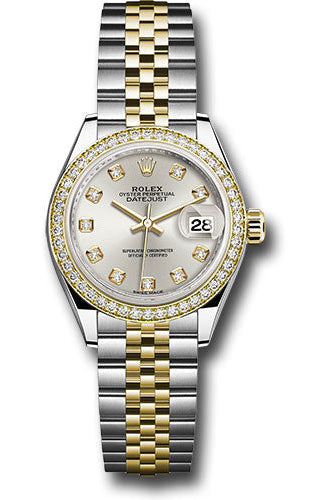 Rolex Steel and Yellow Gold Rolesor Lady-Datejust 28 Watch - Diamond Bezel - Silver Diamond Dial - Jubilee Bracelet -