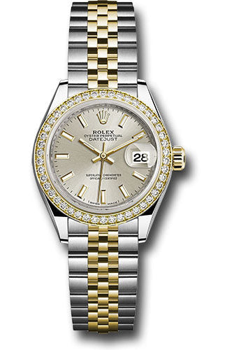 Rolex Steel and Yellow Gold Rolesor Lady-Datejust 28 Watch - Diamond Bezel - Silver Index Dial - Jubilee Bracelet -